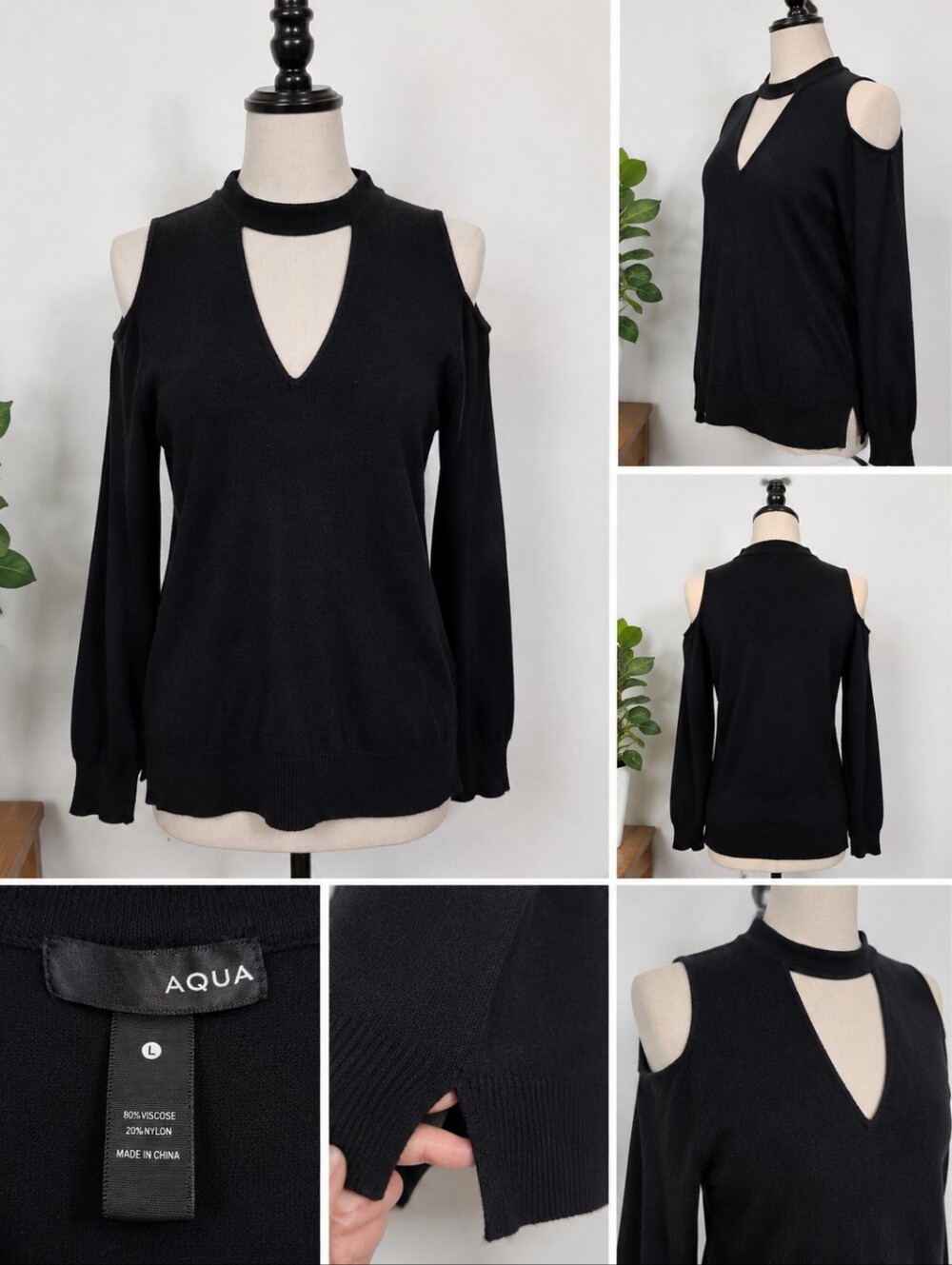 AQUA Black Cold Shoulder Sweater Women's Size L Soft Knit Pullover